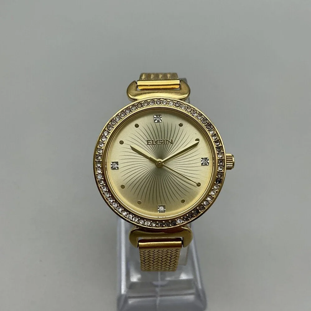 Elgin Womens Watch 35mm Champagne Dial Gold Crystals Mesh Band New Battery
